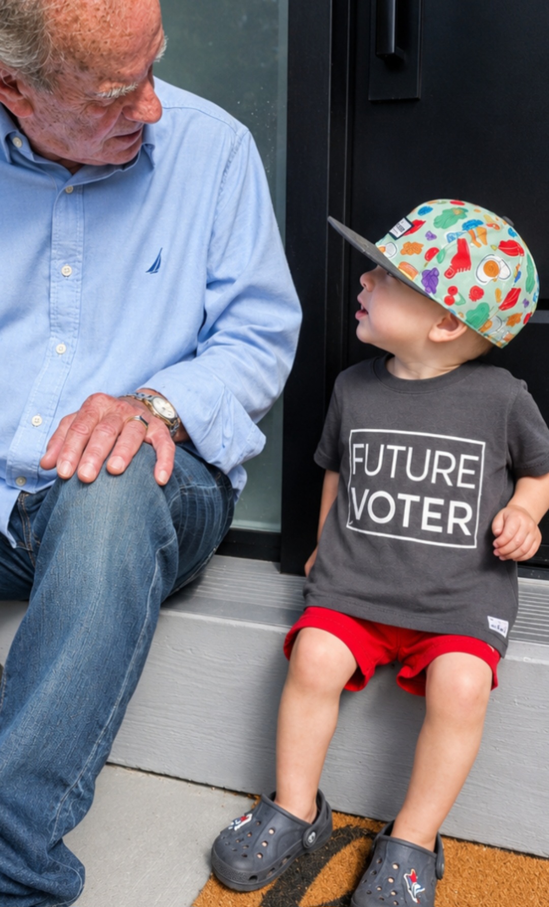 Mark Carr sitting on a front step with his grandson, who is wearing a Future Voter T-shirt